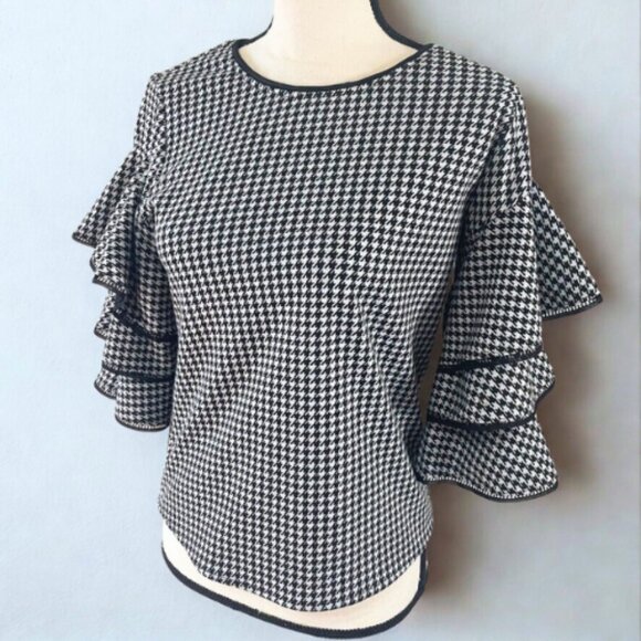 Eva Franco Houndstooth Ruffle Sleeve Top XS - Statement Bell Sleeve - EUC - Picture 2 of 6